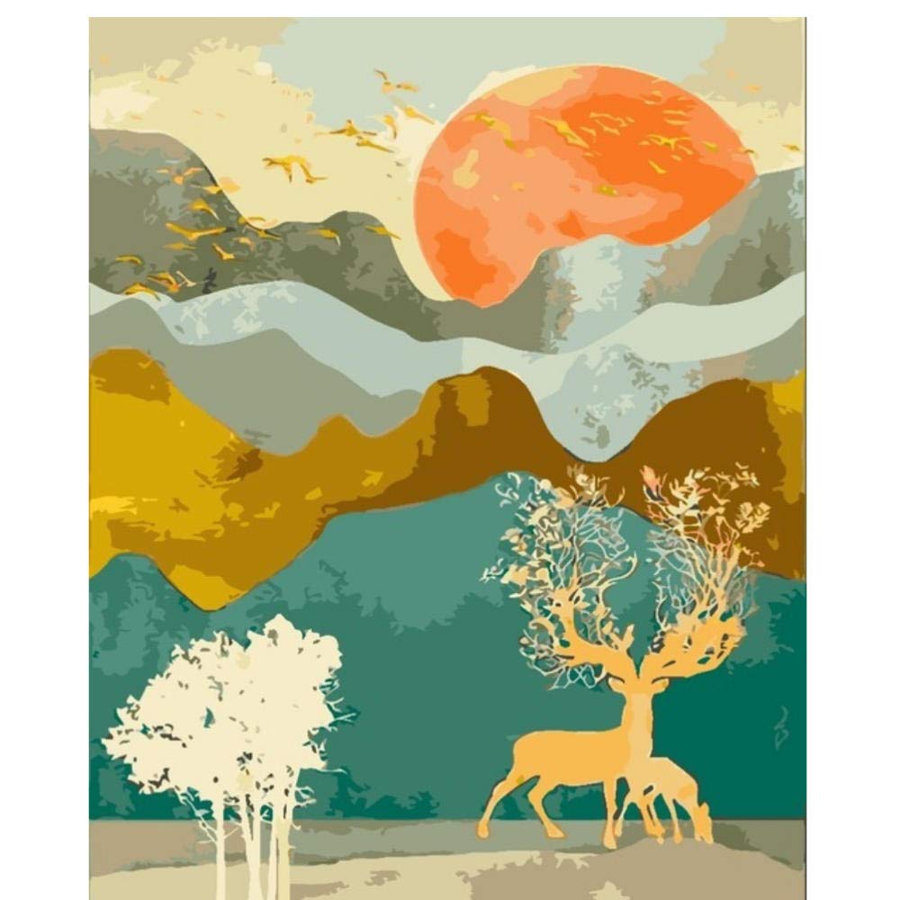 MRQXDP Orange Sun Mountain Elk Mountain Sunrise Landscape DIY Picture Painting By Numbers Hand Painted Oil Painting Wall Art Home Decoration Gift