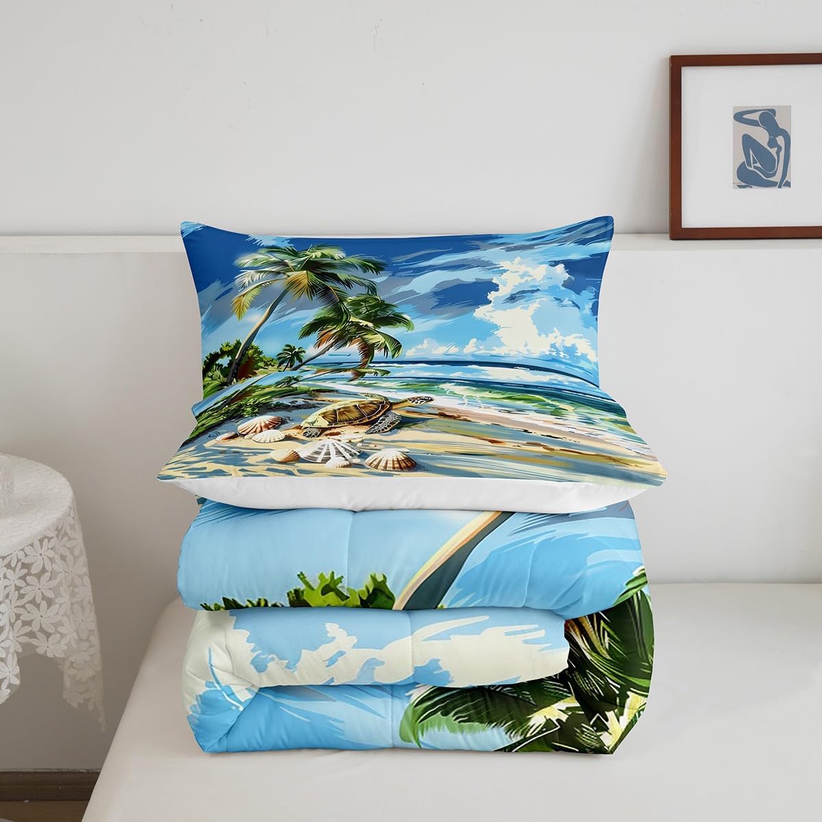 Hawaii Tropical Comforter Set Queen Size,Seaside Shell Sea Turtle Marine Life Bedding Set 3 Pcs for Teens Adults,Watercolor Sky Ocean Palm Trees Down Comforter,Blue Green,2 Pillowcases