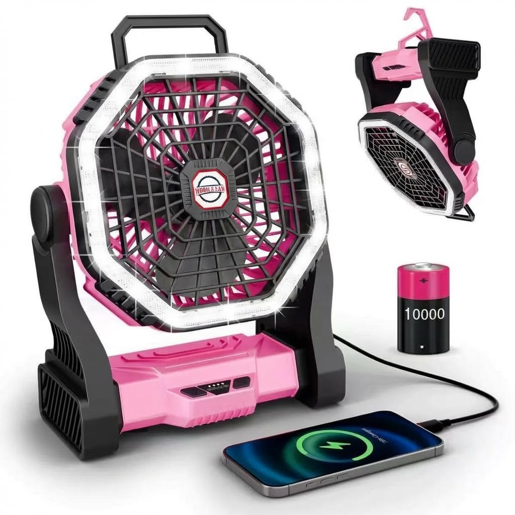 Ventilador de camping LED portátil, recargable 2 en 1, 4 ajustes de velocidad, batería de 10000 mAh, 3 modos de luz (Rosa)