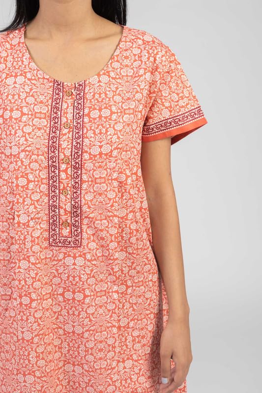 Image of NIHSAMAH Core Style Cotton Night Gown for Women with Pockets | Premium Printed Long Cotton Nighty | Comfortable & Fancy Sleepwear /Nightwear - L (Peach Colour)
