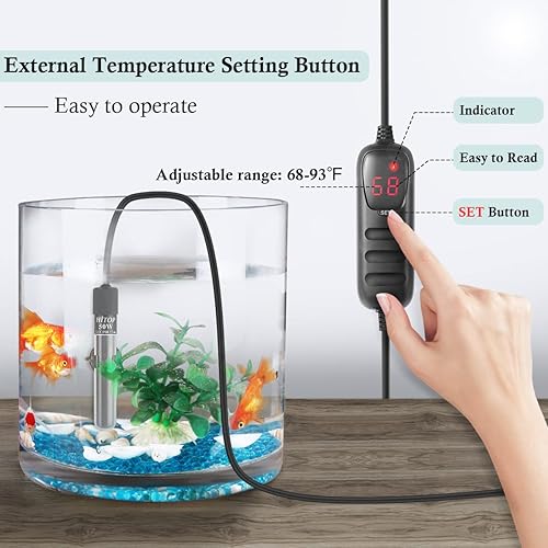 Miniatura 4 de HITOP Mini calentador de acuario sumergible  Calentador digital de 50 W para pecera, tanque de tortuga, tanque de 5-15 galones, agua salada y agua