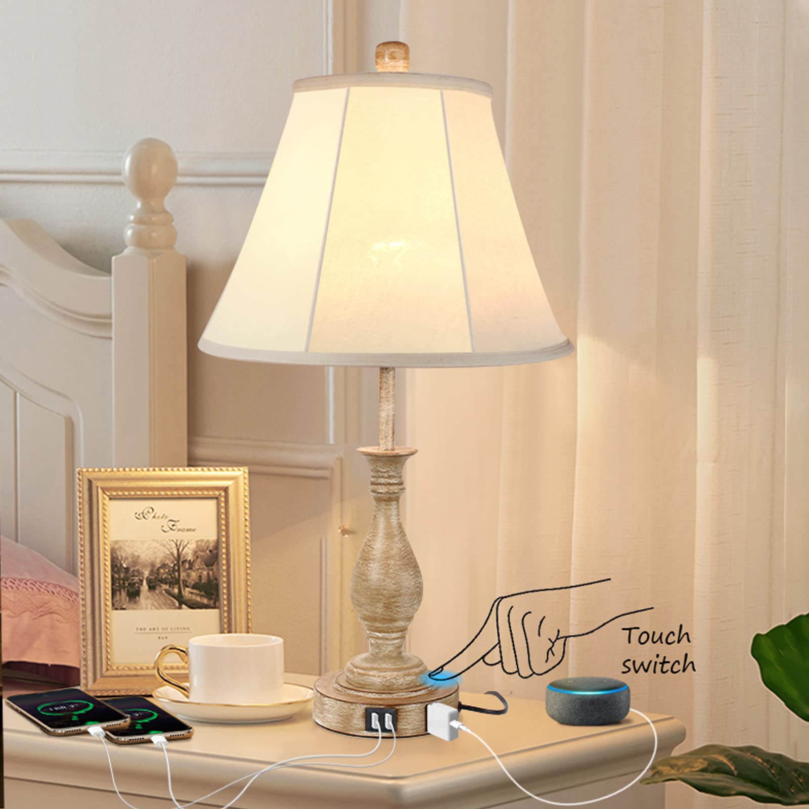 Farmhouse Table Lamp Touch Control 3-Way Dimmable Table Lamp, Modern Nightstand Lamp with 2 USB Port Bedside Desk Lamp with Fabric Shade for Living Room Bedroom Hotel (Pack-01)