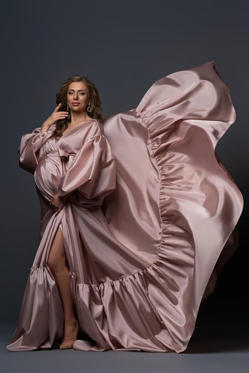 Satin Maternity Dresses for Photoshoot Puffy Sleeve Robe V Neck Long Pregnancy Gowns for Boby Shower Sleepwear