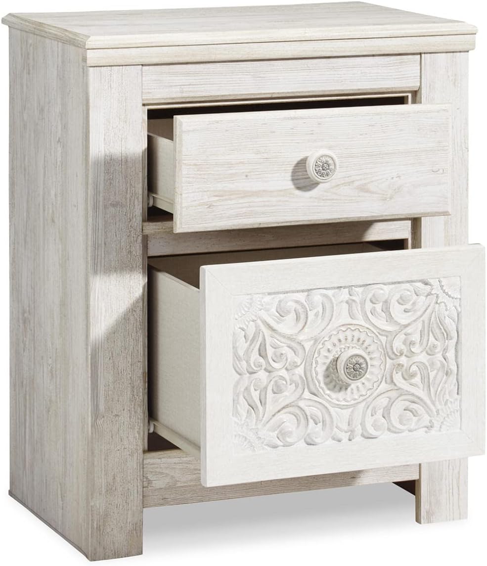 Signature Design by Ashley Paxberry Boho 2 Drawer Nightstand with 2 Slim-Profile USB Charging Ports, 29.21" Tall, Whitewash