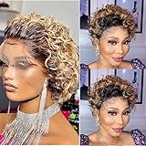 Blonde Human Hair Wigs Kinky Curly Lace Front Ombre Short Bob Pixie Cut Wig Dark Roots Bark Brown...