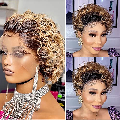 Blonde Human Hair Wigs Kinky Curly Lace Front Ombre Short Bob Pixie Cut Wig Dark Roots Bark Brown Deep Wavy 13x1 T Part Lace Wigs Pre Plucked Hairline with Baby Hair for Black Women (8" 150% Density )
