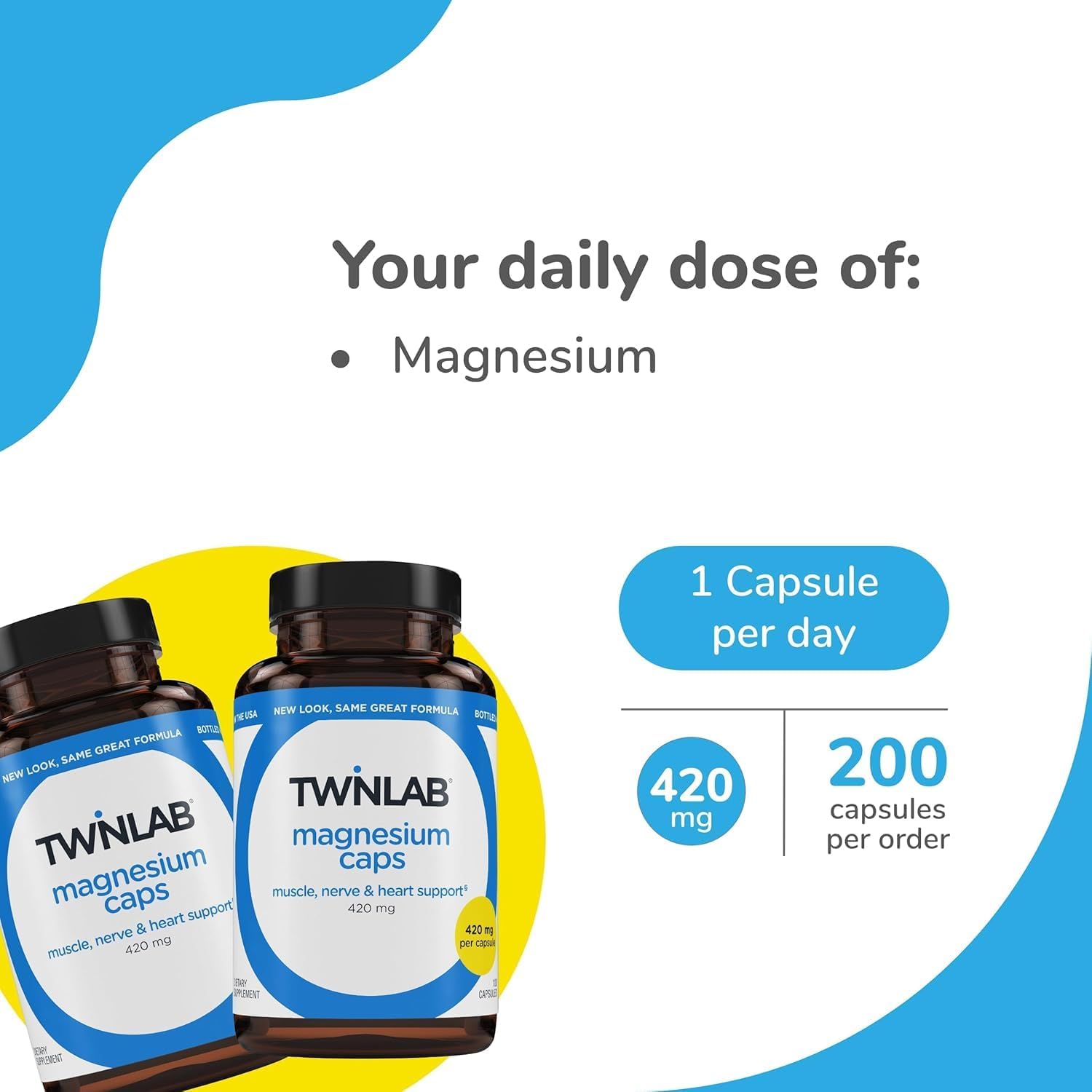 Twinlab Magnesium Caps - High Absorption Magnesium Supplement to Support Leg Cramps Relief - Magnesium Capsules for Stress Relief, 420 mg, 100 Count 2 Pack