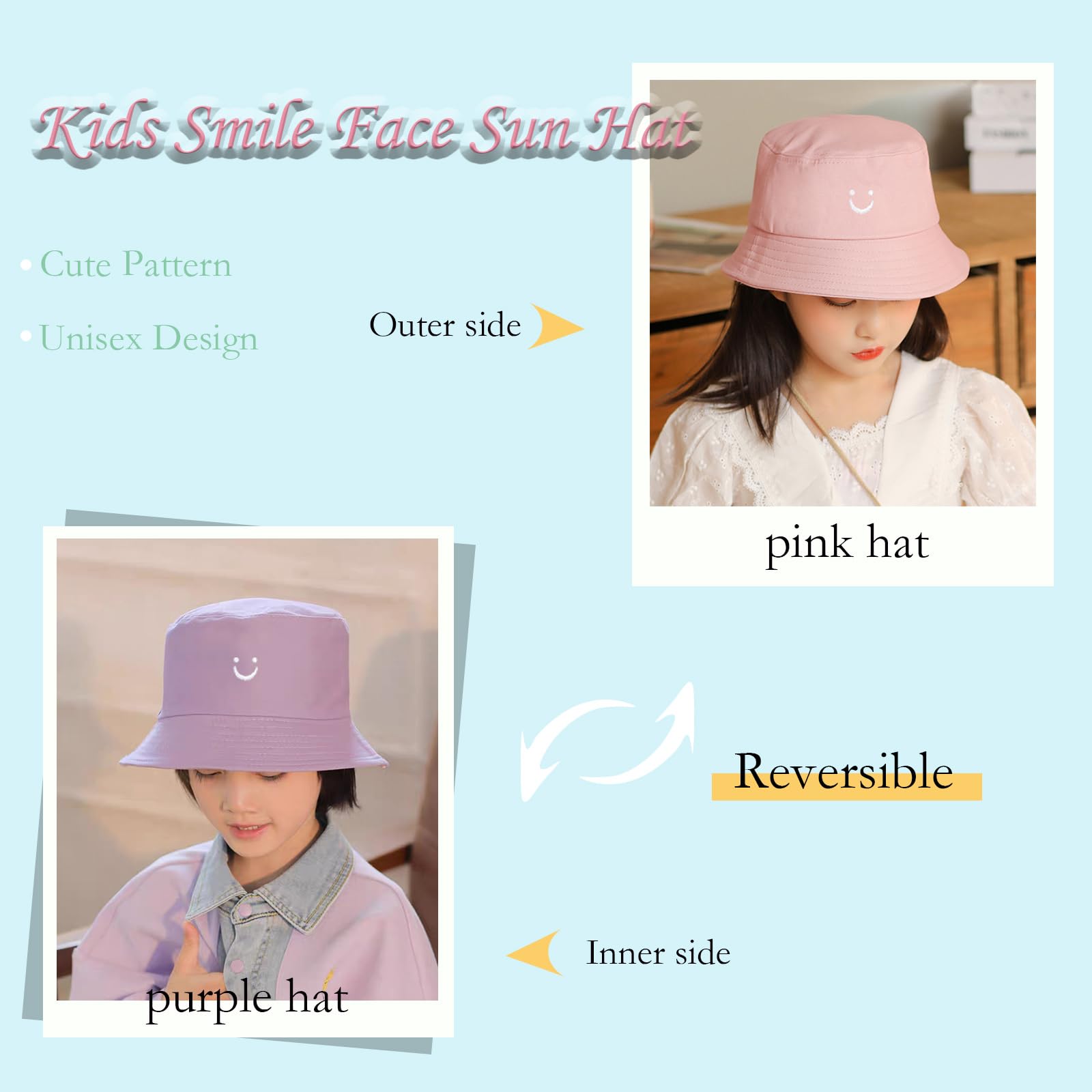 Kids Sun Hat Smile Face Toddler Bucket Hat for Boys Girls Summer Sun Protection Cotton Beach Hat
