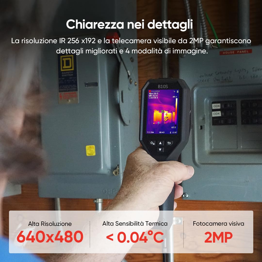 Termocamera B10S T HIKMICRO Risoluzione IR 256 x 192 con Telecamera Visiva da 2MP, Telecamera Termica per Ispezione Domestica, 25 Hz, Schermo LCD con risoluzione 640×480, IP54, -20°C~550°C