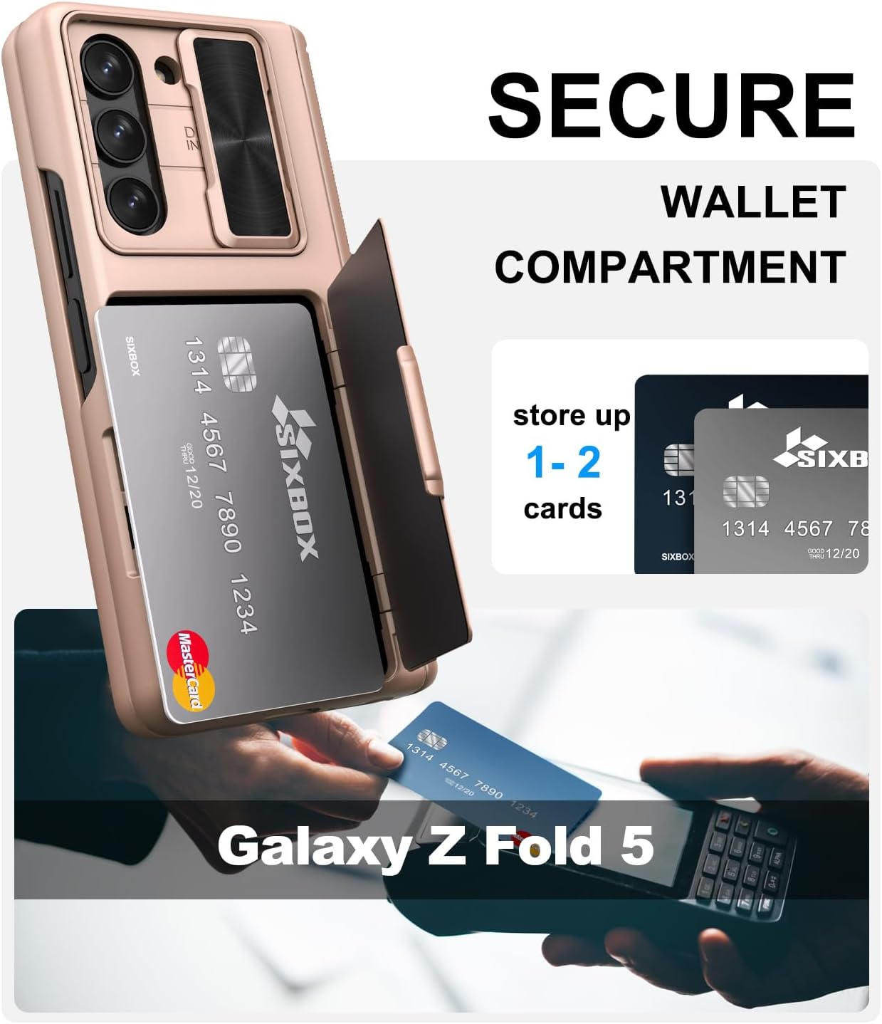 for Galaxy Z Fold 5 Case with Card Holder & Hinge Protection & Screen Protector, Built-in Slide Lens Cover, Rugged Shockproof Phone Cover Case for Samsung Galaxy Z Fold 5 5G 2023, Rose Gold