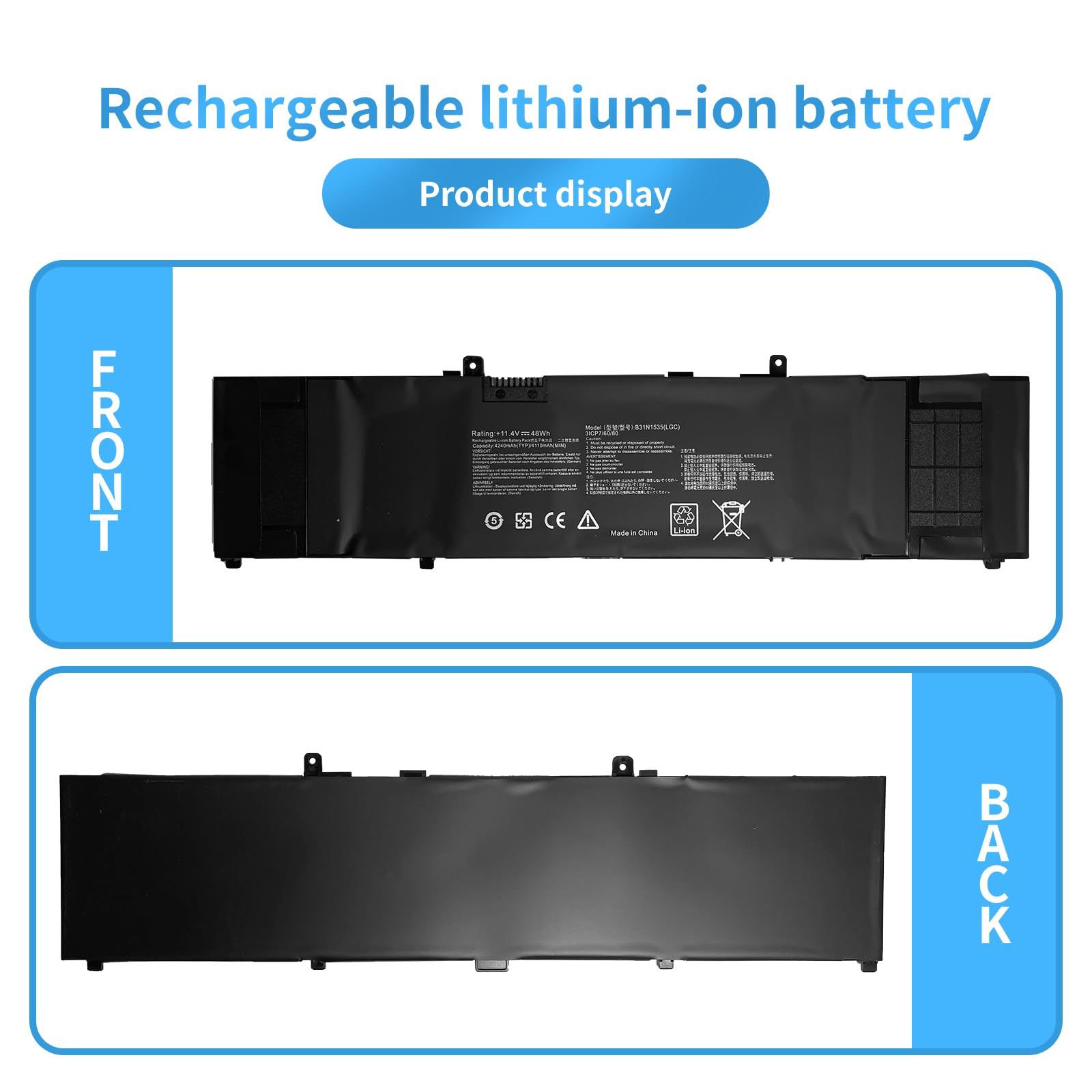 B31N1535 3ICP7/60/80 0B200-02020000 Sostituzione della batteria del laptop per Asus ZenBook UX310 UX310UA UX310UQ UX310UF UX410 UX410UA UX3410UA UX410UQ U4000U U400UQ UX410UF RX310U FB097T(11.4V 48Wh)