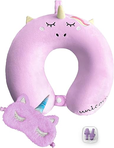 urnexttour Almohada de cuello de viaje para niños, almohada de espuma viscoelástica de unicornio con bonita máscara para dormir y tapones para los
