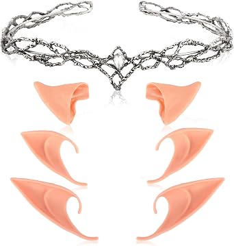Elf Ears and Elf Crown Set Including 3Pairs Soft Fairy Ears Rhinestone Fairy Crown Reneaissance Accessories for Cosplay