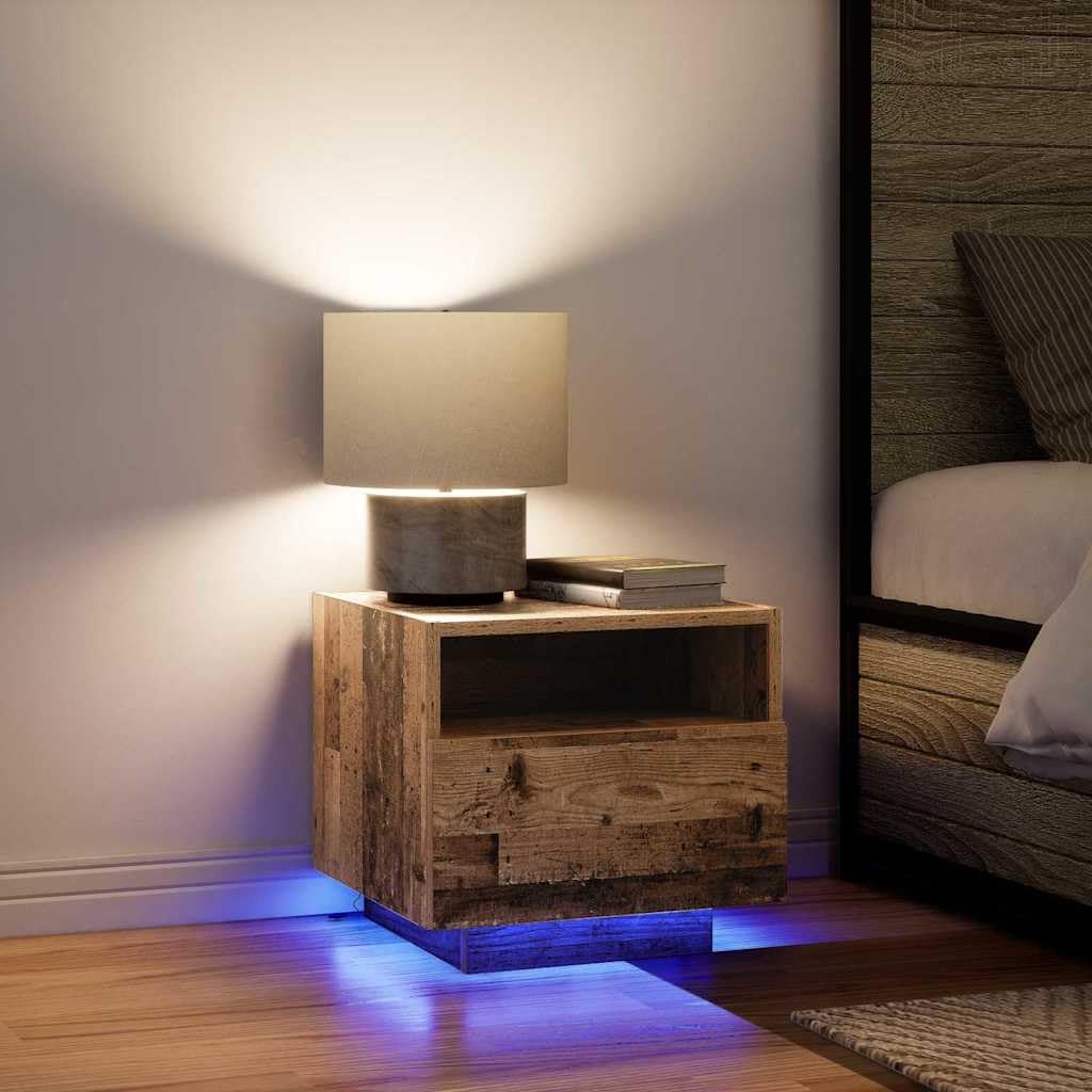 Zestaw 2 stolików nocnych, stare drewno z materiału drewnopochodnego, 40 x 39 x 37 cm, z szufladą, półką, paskiem LED i źródłem zasilania USB, do sypialni, łóżka, salonu, korytarza