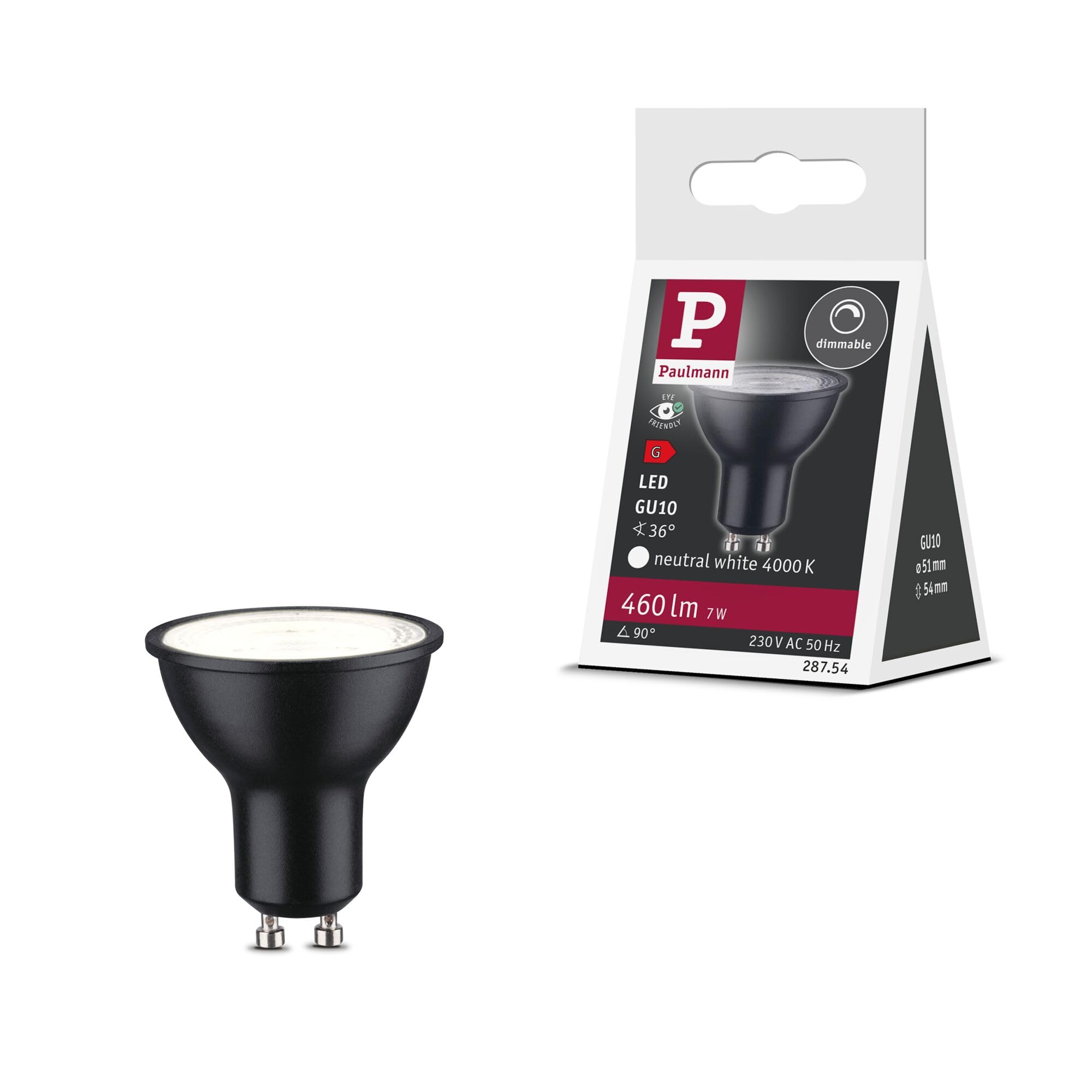 Paulmann 28754 LED lamp Reflector RAL9004 7 watts dimmable lamp Black matt efficient Light Neutral White 4000 K GU10