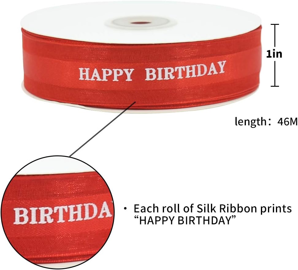 1 Inch Red Happy Birthday Silk Ribbon for Gift Wrapping 50 Yards Chiffon Organza Ribbon for Birthday Party Supplies Women Girls Bouquet Wrapping Birthday Wrapping Paper Decoration : Health & Household