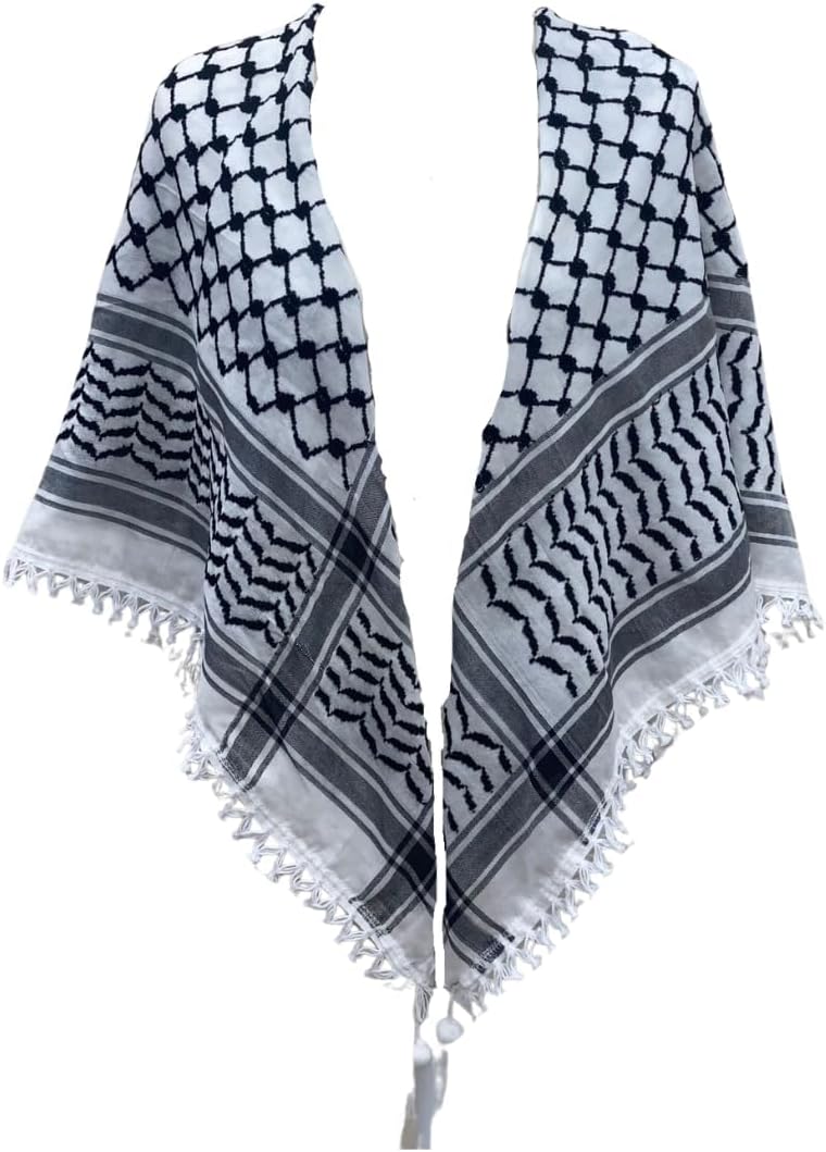 Palestinian Elegance Keffiyeh with Sharshoba from Ramallah Palestine., Black/White, 47 x 47