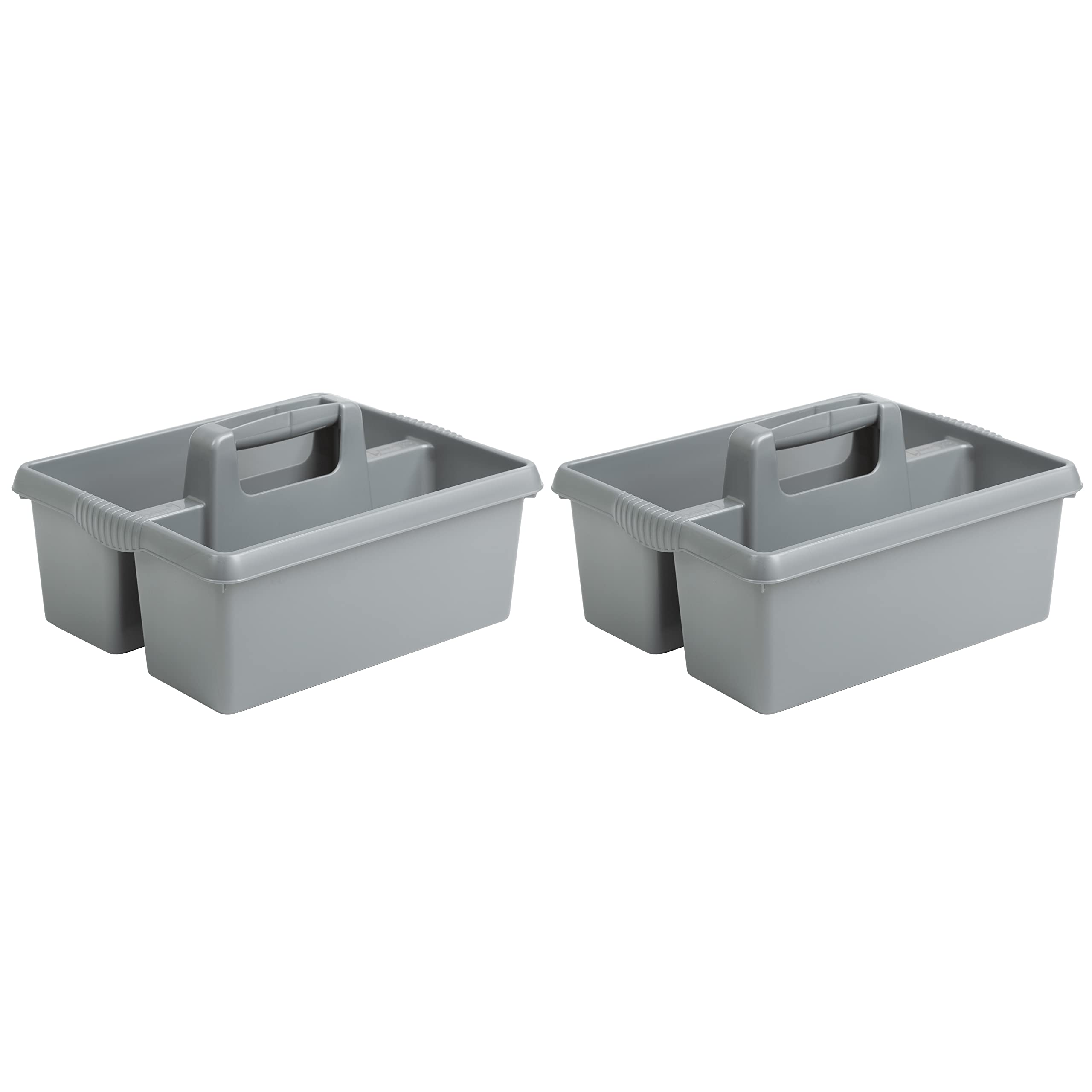 Set of 2- Large Cleaning Caddy with Handles Plastic Caddy Tidy Organiser Cleaners Carry All Tote Tray Basket with Multi Compartment Cleaning Tool Utility Caddy for Kitchen Sink Bathroom (Silver)