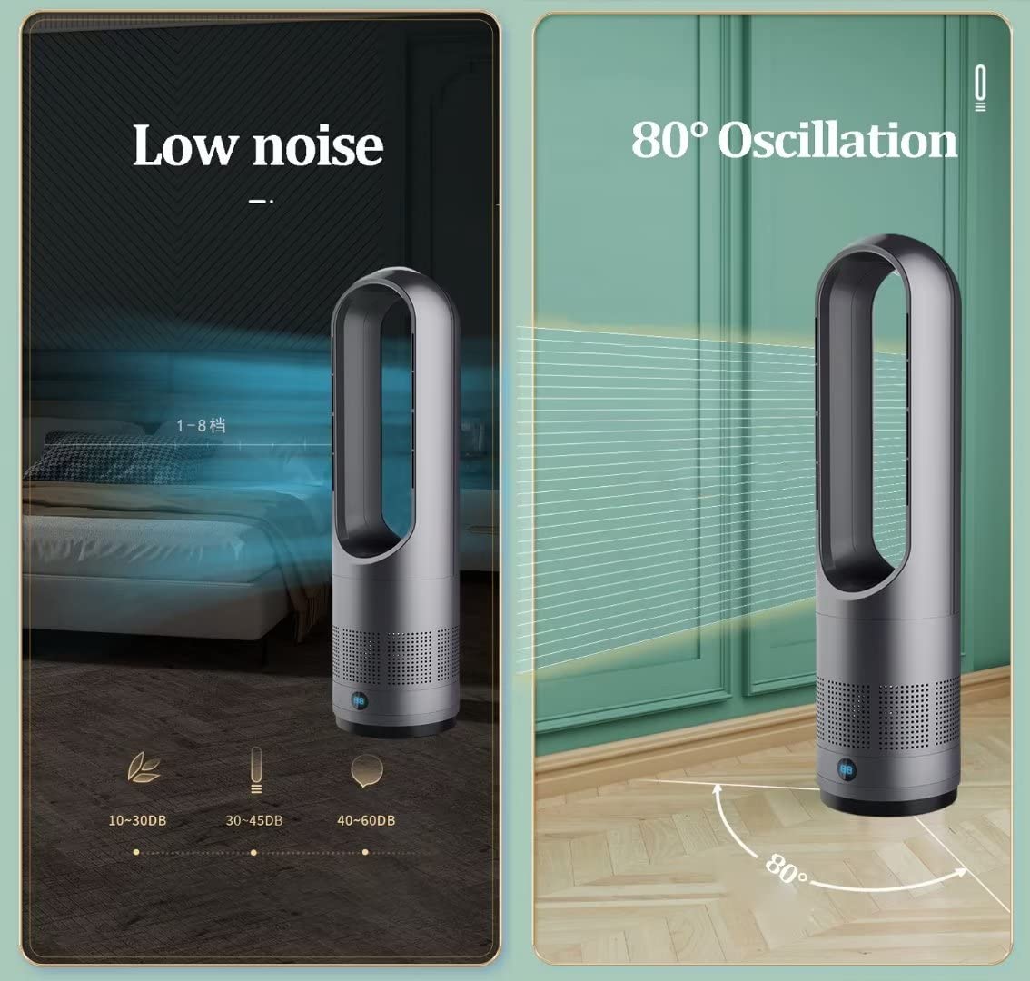 Nowoczesny wentylator wieżowy bez łopatek do użytku domowego, naturalne chłodzenie wiatru 40 W, oscylacja 80° z pilotem zdalnego sterowania, 8 prędkości, 8-godzinny zegar, wyświetlacz LED,