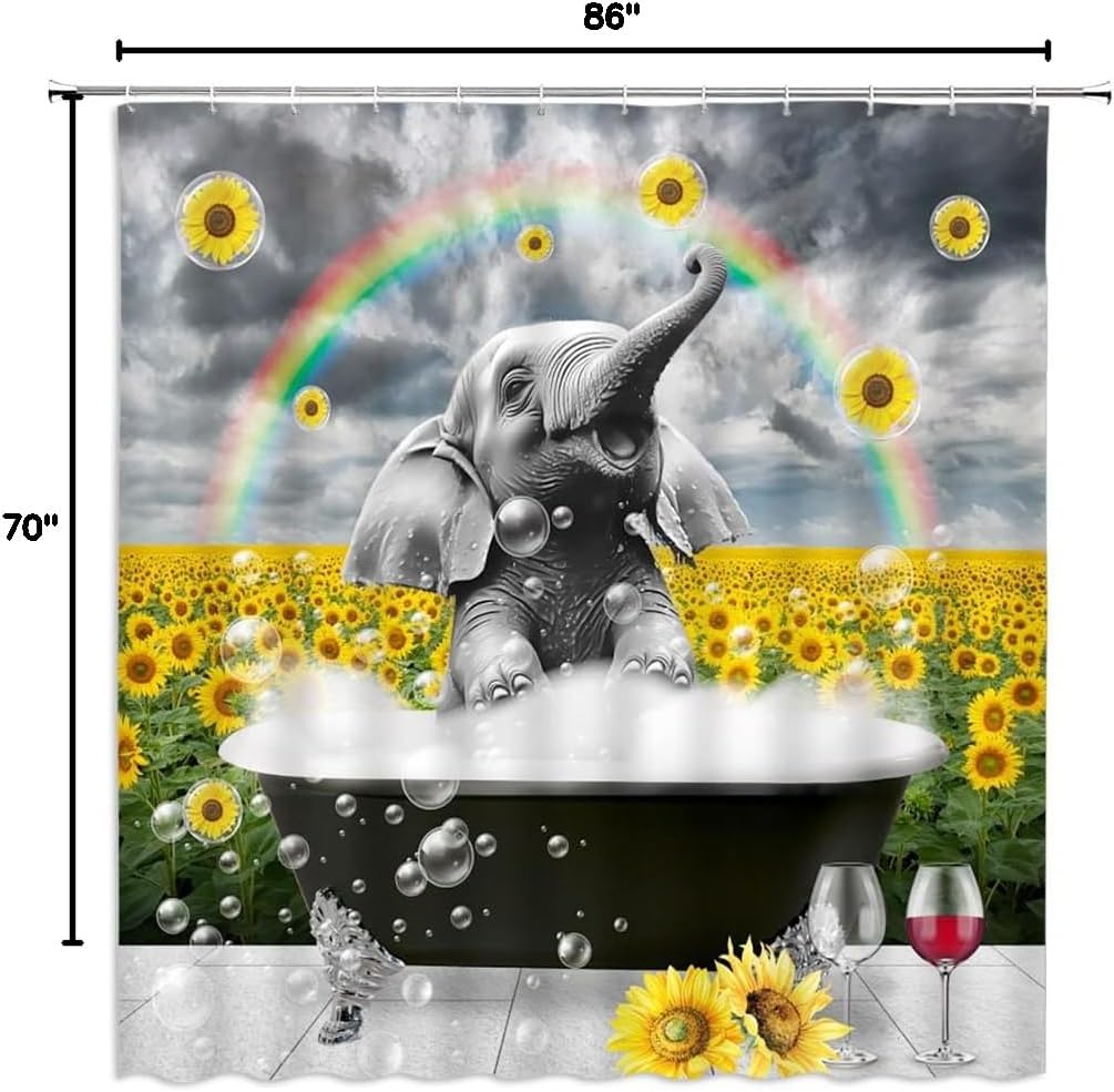 Funny Elephant Shower Curtain Cute Grey Wild Animal Rustic Sunflowers Rainbow Bathtub Creative Bathroom Decor Curtains Set with Hooks, 70" x 86"