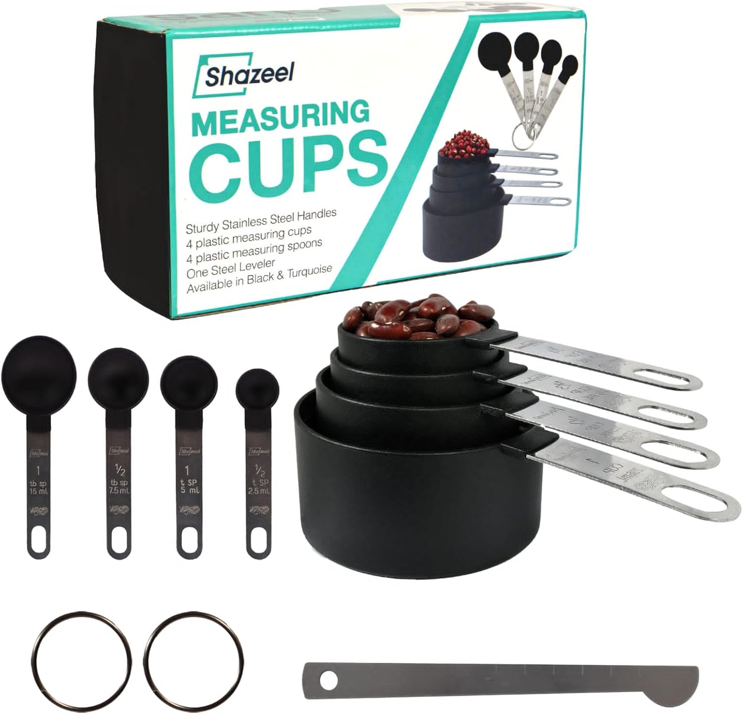 9 Pcs Measuring Cups and Spoons Set – Plastic 4 Measuring Cups and 4 Measuring Spoons with Non-Bendable Stainless Steel Handles & 1 leveller – Cups Measurement Set for Liquids and Solids – Black 9 Pcs Measuring Cups and Spoons Set – Plastic 4 Measuring Cups and 4 Measuring Spoons with Non-Bendable Stainless Steel Handles & 1 leveller – Cups Measurement Set for Liquids and Solids – Black