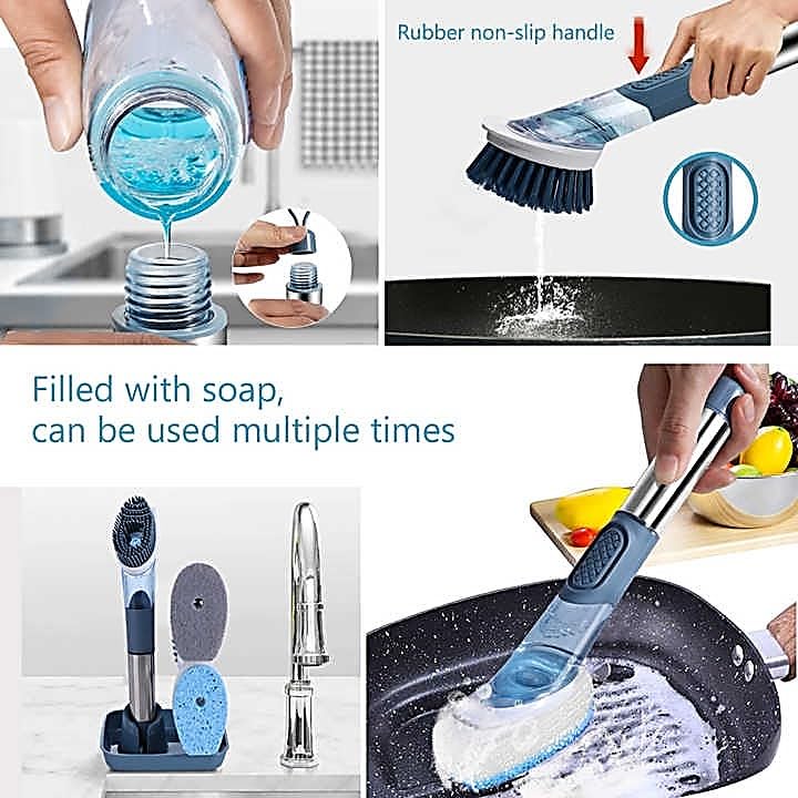 Image of Soap-Dispensing Dish Washing Brush Set - Includes 4 Replaceable Heads & Stylish Storage Stand - Effortless Scrubbing for Dishes, Pots, Pans & Sinks