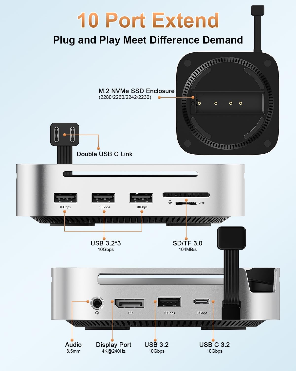 Mac mini M4 Dock & Stand DisplayPort 8K@120Hz Hub for Mac mini M4/M4 Pro 2024 with 8TB NVMe SSD Enclosure, 10 in 1 with DP, 5*USB-A/C 10Gbps Ports, SD/TF, Audio for Mac mini M4, Mac mini M4 Pro