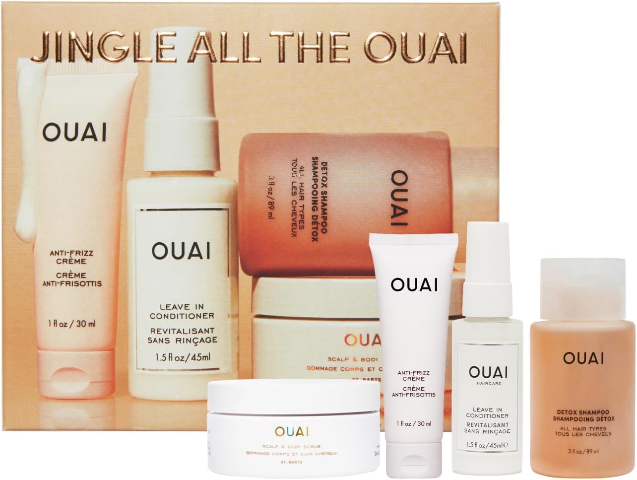 OUAI Gift Set - Travel Size Hair & Body Care Set - Includes Detox Shampoo, Deluxe Anti Frizz Cream, Leave In Conditioner, Scalp & Body Scrub (4 Count)