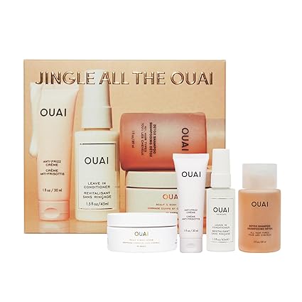 OUAI Gift Set - Travel Size Hair & Body Care Set - Includes Detox Shampoo, Deluxe Anti Frizz Cream, Leave In Conditioner, Scalp & Body Scrub (4 Count)