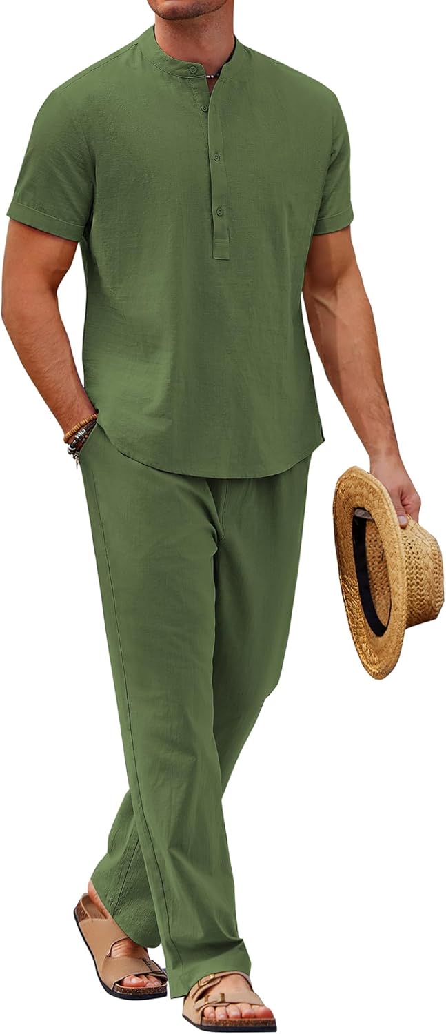 COOFANDY Mens 2 Pieces Cotton Linen Sets Short Sleeve Casual Henley Shirt Summer Beach Pants Lounge Vacation Outfits Set