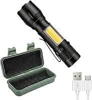 Lanterna Tática LED Recarregável USB com Estojo Protetor, Zoom Ajustável, Luz COB Lateral, 3 Modos, Resistente à Água, Alumínio, Camping, Pesca e Emergência