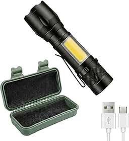 Lanterna Tática LED Recarregável USB com Estojo Protetor, Zoom Ajustável, Luz COB Lateral, 3 Modos, Resistente à Água, Alumínio, Camping, Pesca e Emergência