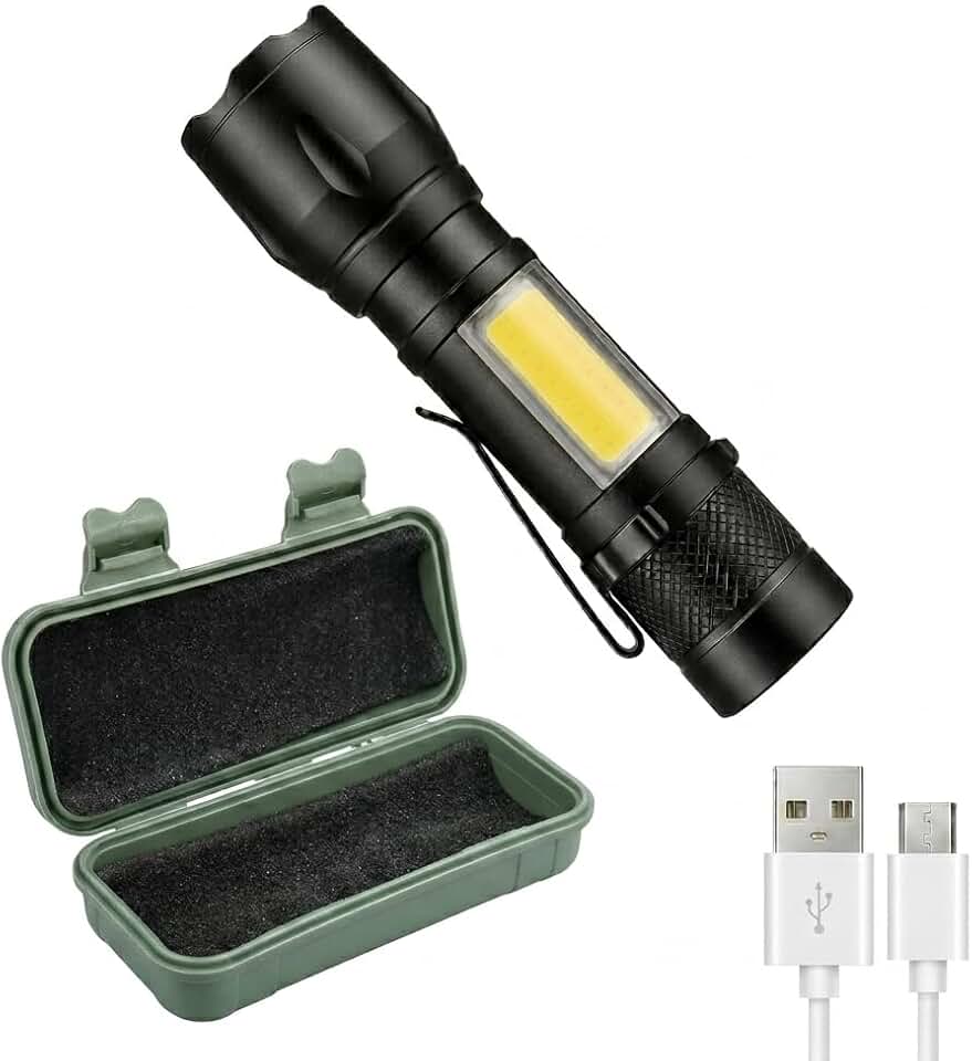 Lanterna Tática LED Recarregável USB com Estojo Protetor — Zoom Ajustável, Luz COB Lateral, 3 Modos, Resistente à Água, Alumínio — Camping, Pesca e Emergência