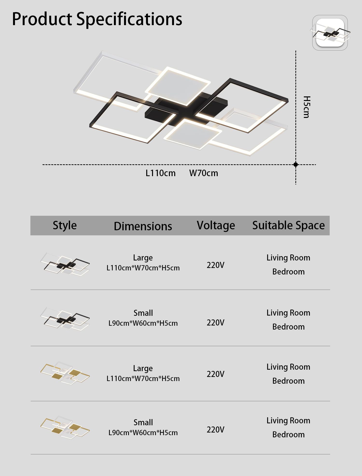 Czarna prostokątna lampa sufitowa LED 110W zregulacją i pilotem Metalowa lampa sufitowa do oświetlenia wnętrz Półwpuszczana lampa sufitowa Odpowiednia do salonów,sypialni innych (Czarny, Duży)