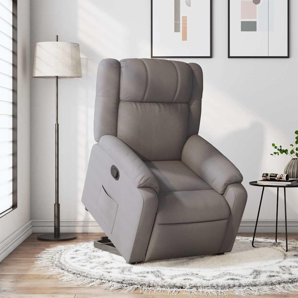 Fotel relaksacyjny z funkcją wspomagania wstawania, materiał taupe, elektrycznie regulowany, tapicerowany, z podłokietnikami i funkcją leżenia, ergonomiczny, do salonu, biura, czytania i