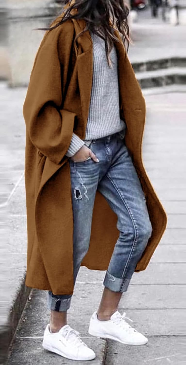 Women's Winter Wool Coat Notch Lapel Single Breasted Casual Mid Long Pea Trench Coat - Image 2