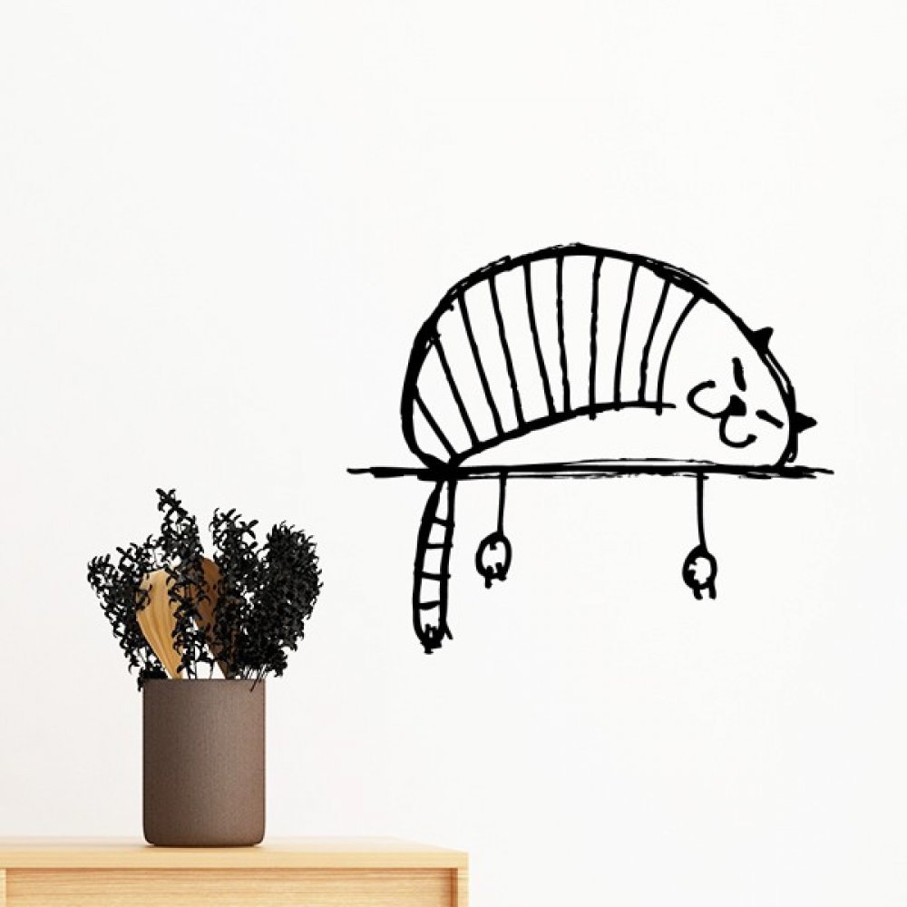 Sticker mural chat couché amovible 50cm ligne stripe lazy deco chambre