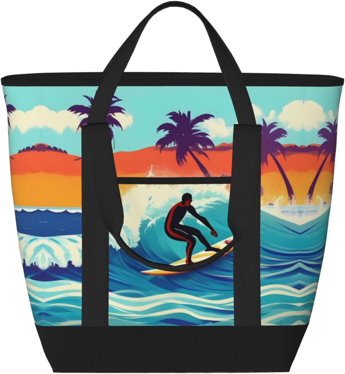 Hawaiian Surfer On Wavy Print Large Cooler Bag Tote Bag,Reusable Grocery Bag,Lunch Box Bag, For Picnic Beach Camping