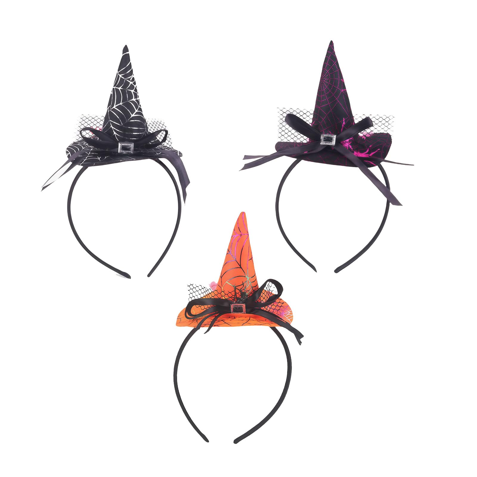 3Pcs Mini Witch Hat Headbands Halloween Hair Accessories Cosplay Dress-up Photo Props for Costume Party, mixed color, 12x22cm