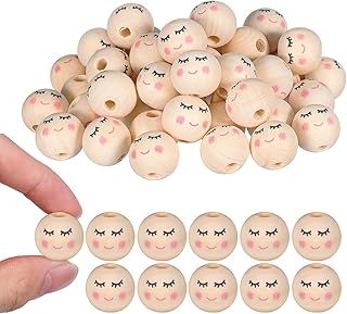 50pcs Wooden Beads with Faces, 20mm Smile Face Beads for DIY, Doll Head Wood with Hole for Crafts, Jewelry Making, Angel Decorations