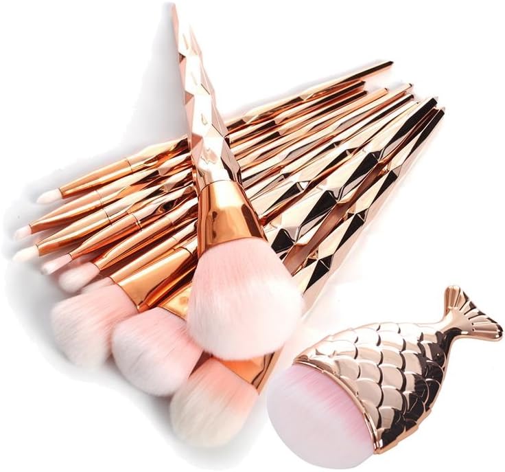 11Pcs Diamond Rose Gold Makeup Brush Set Mermaid Fishtail Shaped Foundation Powder Cosmetics Brushes Rainbow Eyeshadow Brush Kit