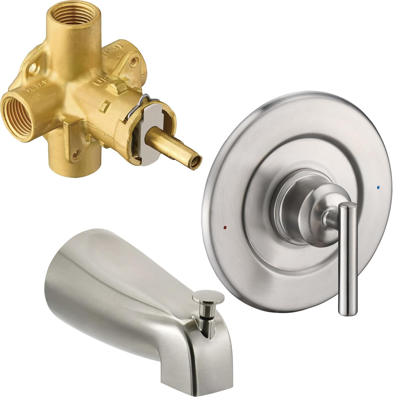 Tearel Replacement for Moen Posi Temp Shower Valve and Trim Kit, Complete Set for Tub and Shower Faucet, Includes Valve Body, Handle, Escutcheon Plate, Tub Spout, Brushed Nickel