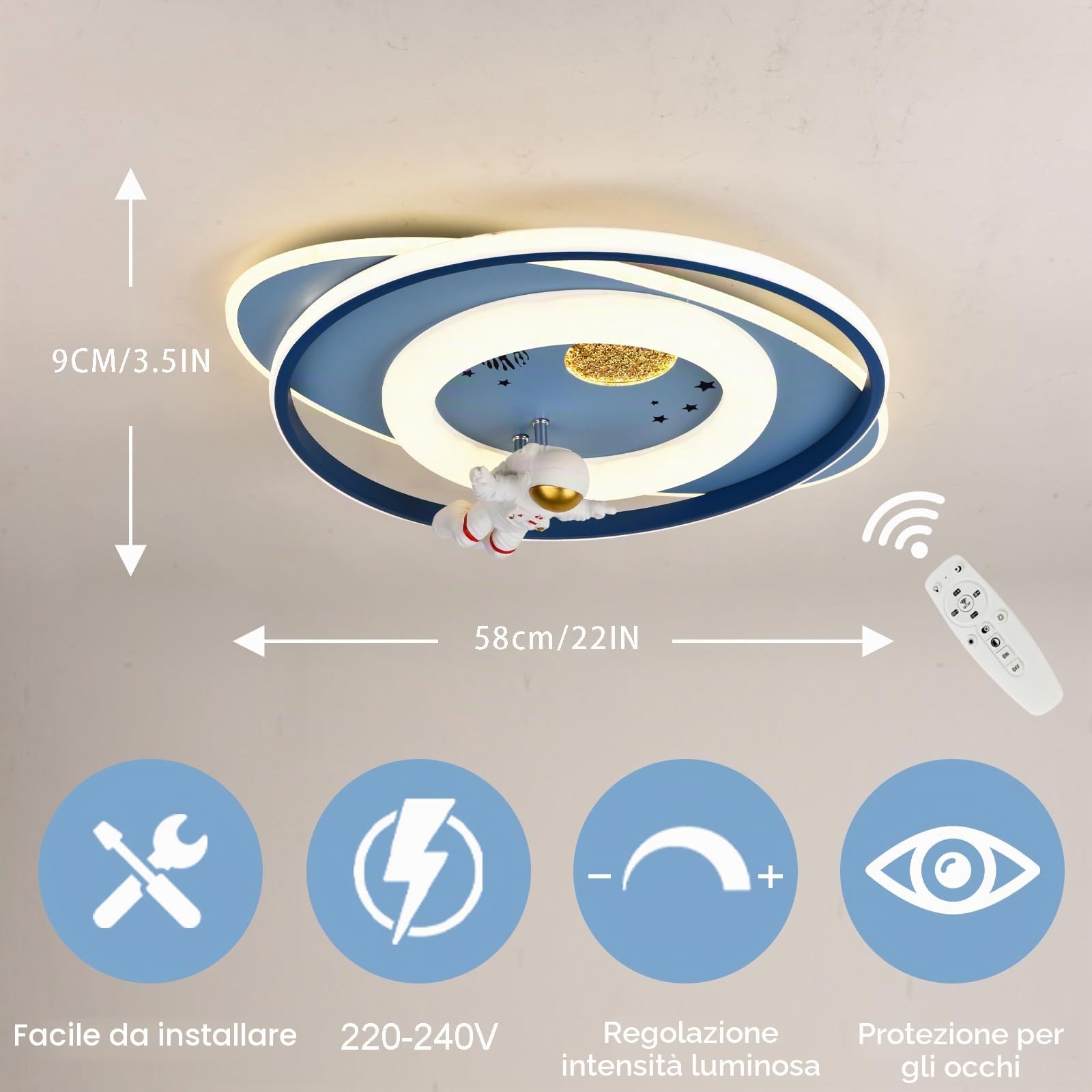 Plafoniera LED per bambini, 58 cm, lampada da soffitto astronauta creativa dimmerabile 3000 K-6000 K, lampada da soffitto per camera da letto, per bambini, camera da letto (Blu)