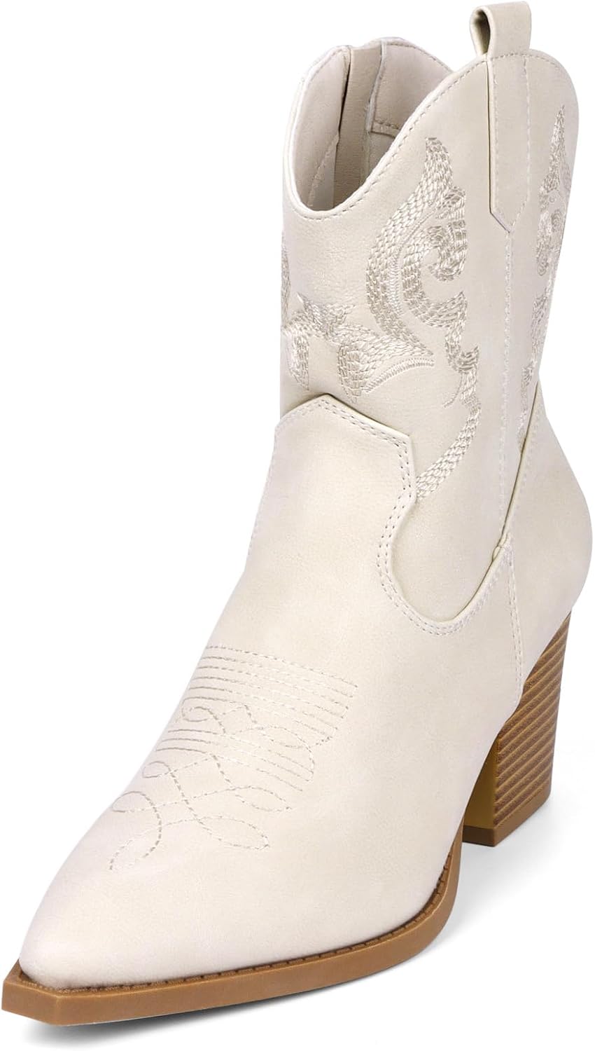 Women Ankle Cowboy Boots Western Cowgirl Boots Pointed Toe Booties Chunky Heel Embroidered Upper Zipper Pull on Ladies Short Boot White 9