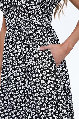 Image of Women's 2026 Summer Boho Floral Midi Dress Casual Square Neck Puff Sleeve A Line Dresses with Pockets