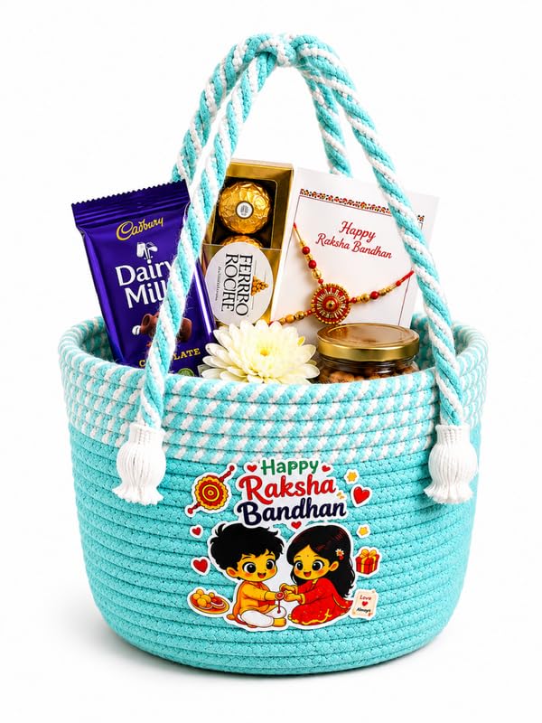 Image of BROOM Raksha Bandhan Gift Hamper Basket | Handmade Cotton Rope Storage Basket with Handle | Decorative Organizer for Chocolates, Dry Fruits, Return Gifts, Home Decor & Festive Celebration (Light Blue)