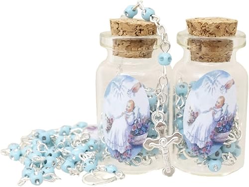 Miniatura 4 de -12 piezas Rosario de bebé bendecido en frasco de vidrio con cuentas Rosario Recuerdos de Bautizo Crucifijo católico de plata collar de fiesta