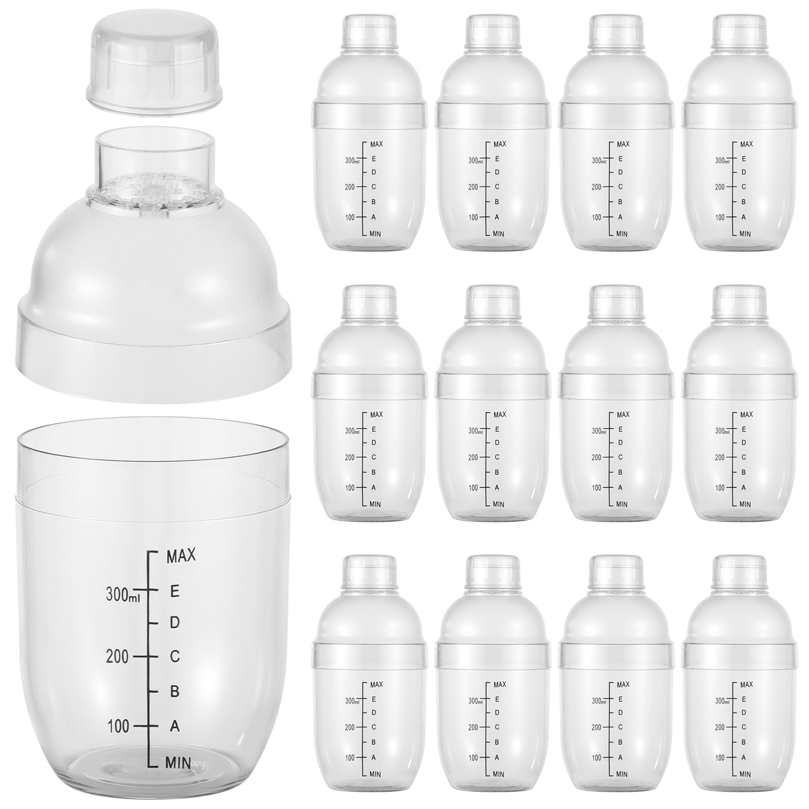 Paquete de 12 cocteleras transparentes de 350 ml, coctelera de plástico con colador integrado para el hogar y fiestas