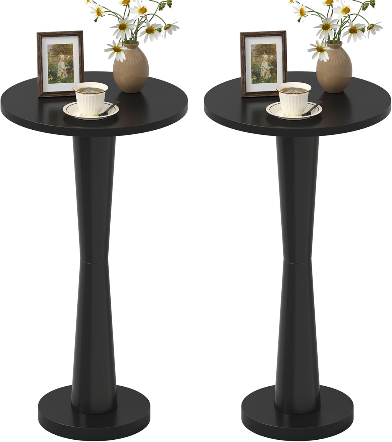 LAATOOREE Small Round Side Tables Set of 2, Wood Pedestal Drink Tables, Accent Coffee End Tables with Solid Wood Leg for Small Space, Living Room, Bedroom, Corner (2, Black)