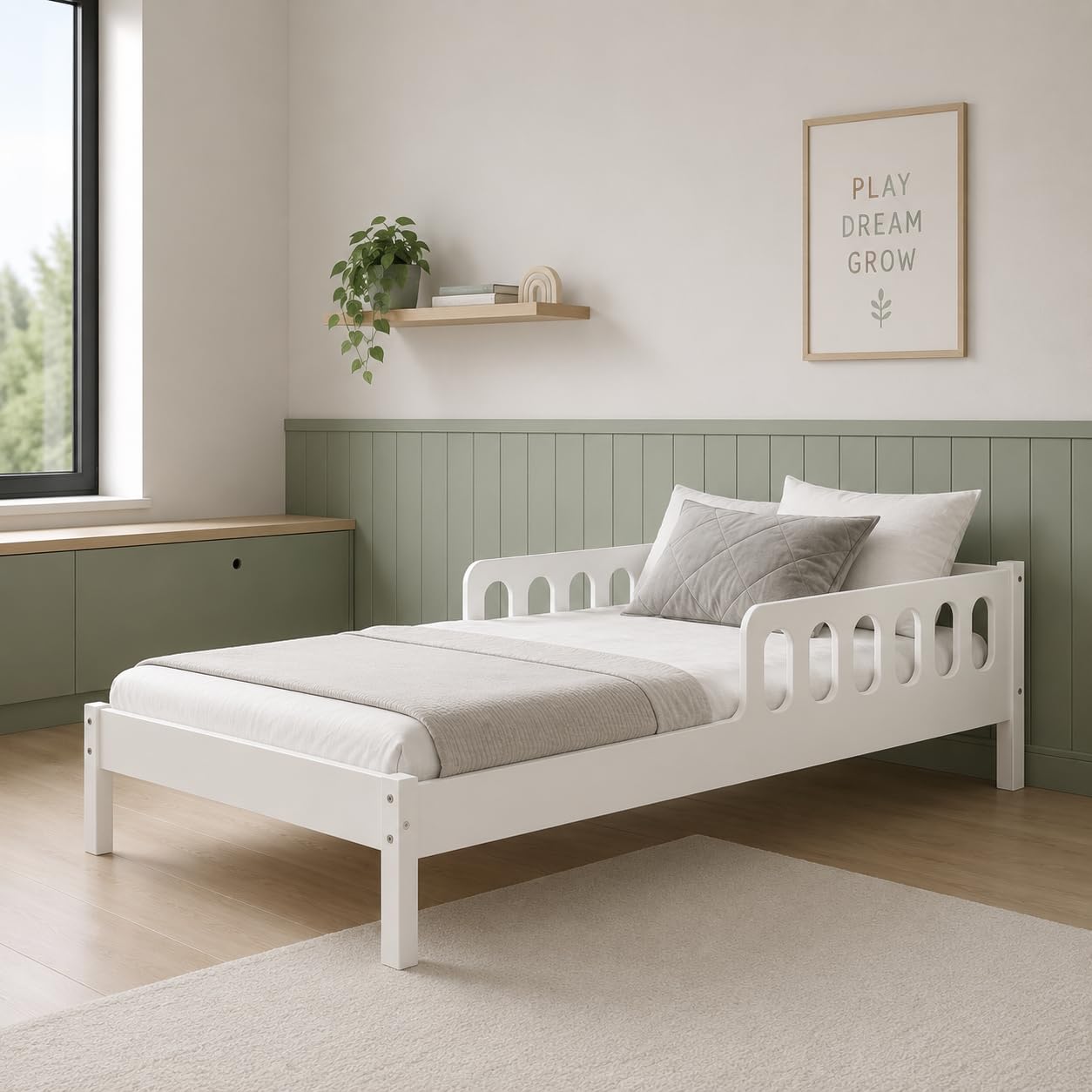CADANI Finn Kinderbett 90x200 cm weiß mit Rausfallschutz, bis 200 kg belastbar, extra starker Roll-Lattenrost,